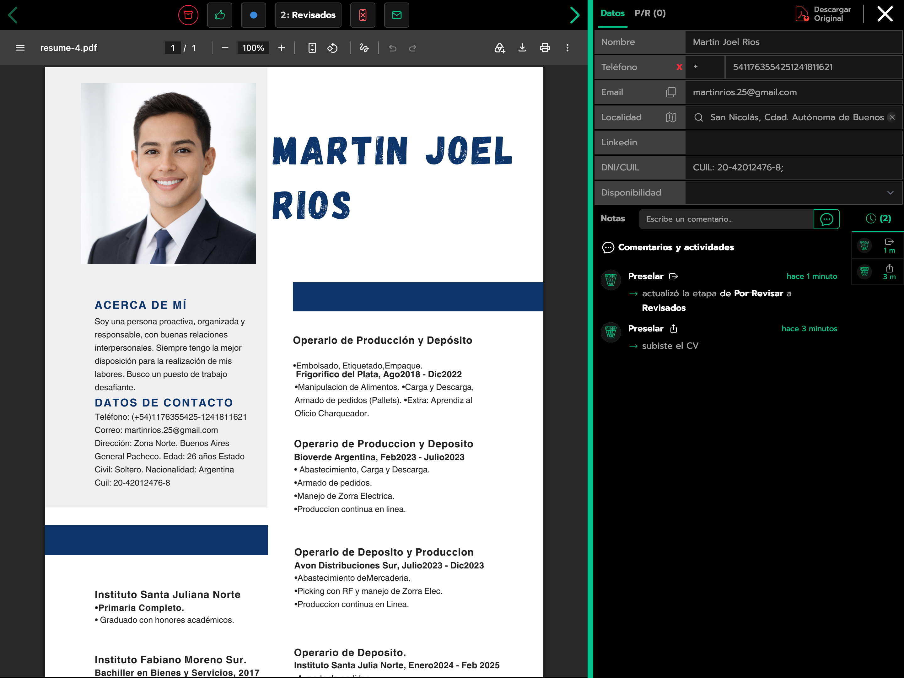 Vista del CV Historial